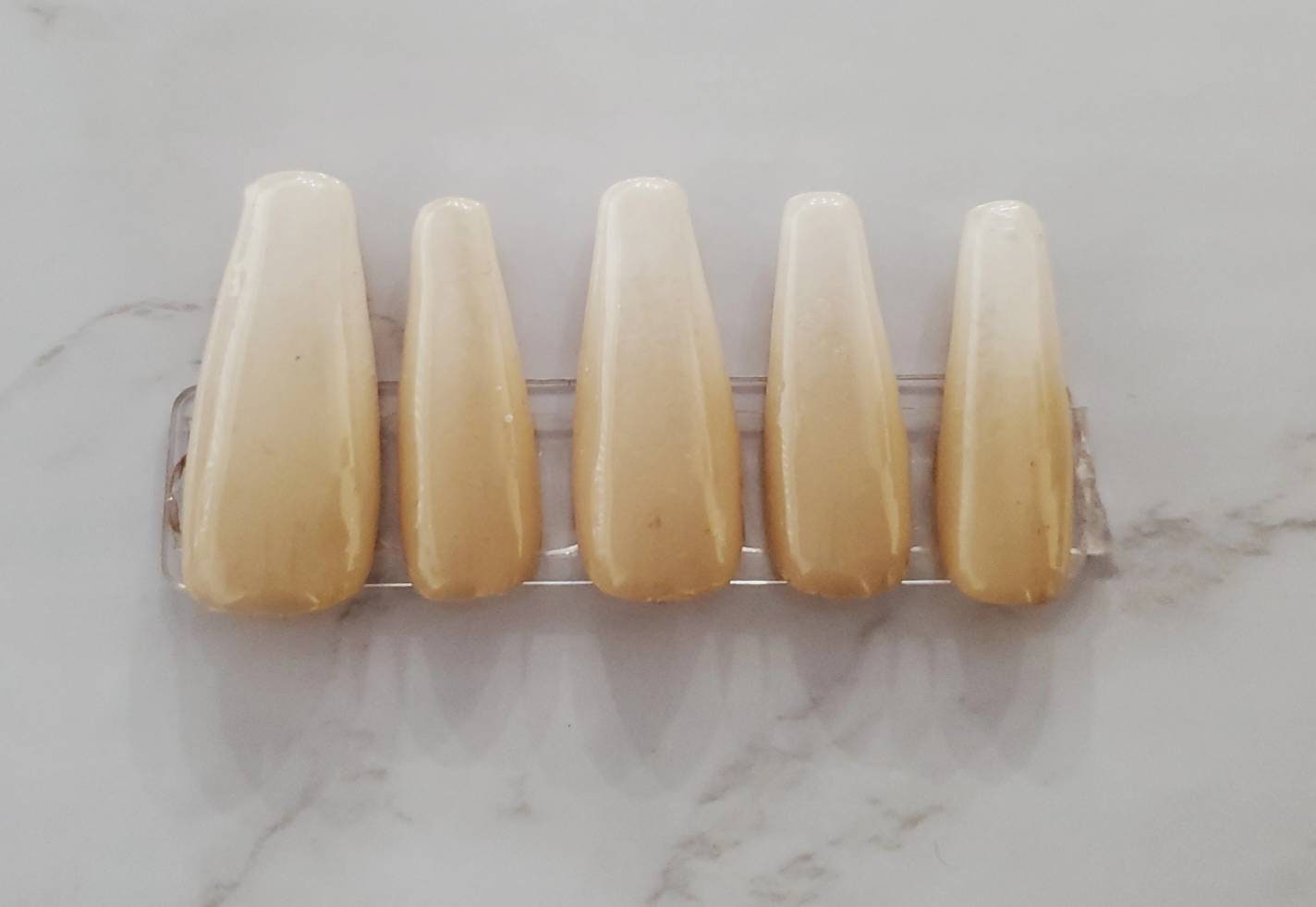 Ombre Bliss Press-On Nails (Ombre, Beige and White, Caramel Frappe Theme, Long Coffin)