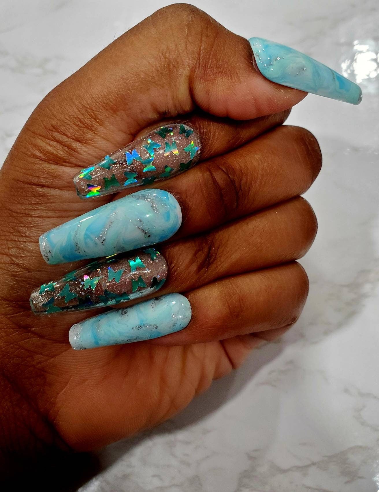 Summer Sky Marble Press-On Nails (Blue Marble, Butterfly Confetti, Spring and Summer, Long Coffin)
