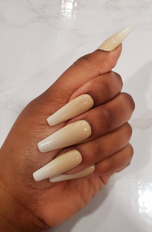 Ombre Bliss Press-On Nails (Ombre, Beige and White, Caramel Frappe Theme, Long Coffin)